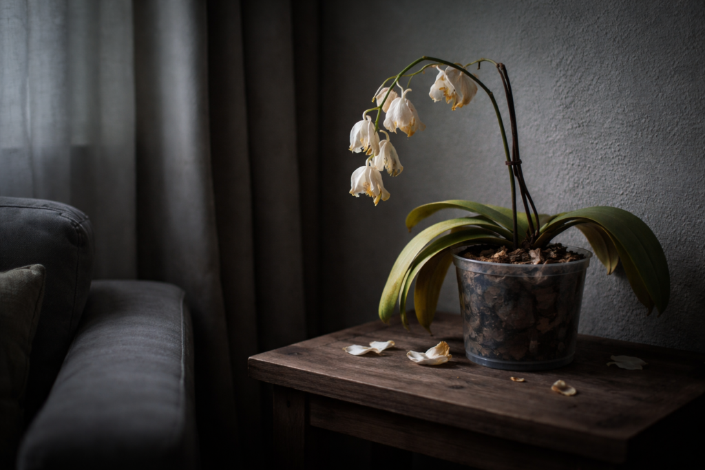 uma orquídea triste e murchando em cantinho escuro da sala por falta de sol