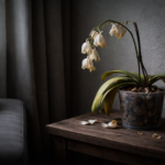 uma orquídea triste e murchando em cantinho escuro da sala por falta de sol