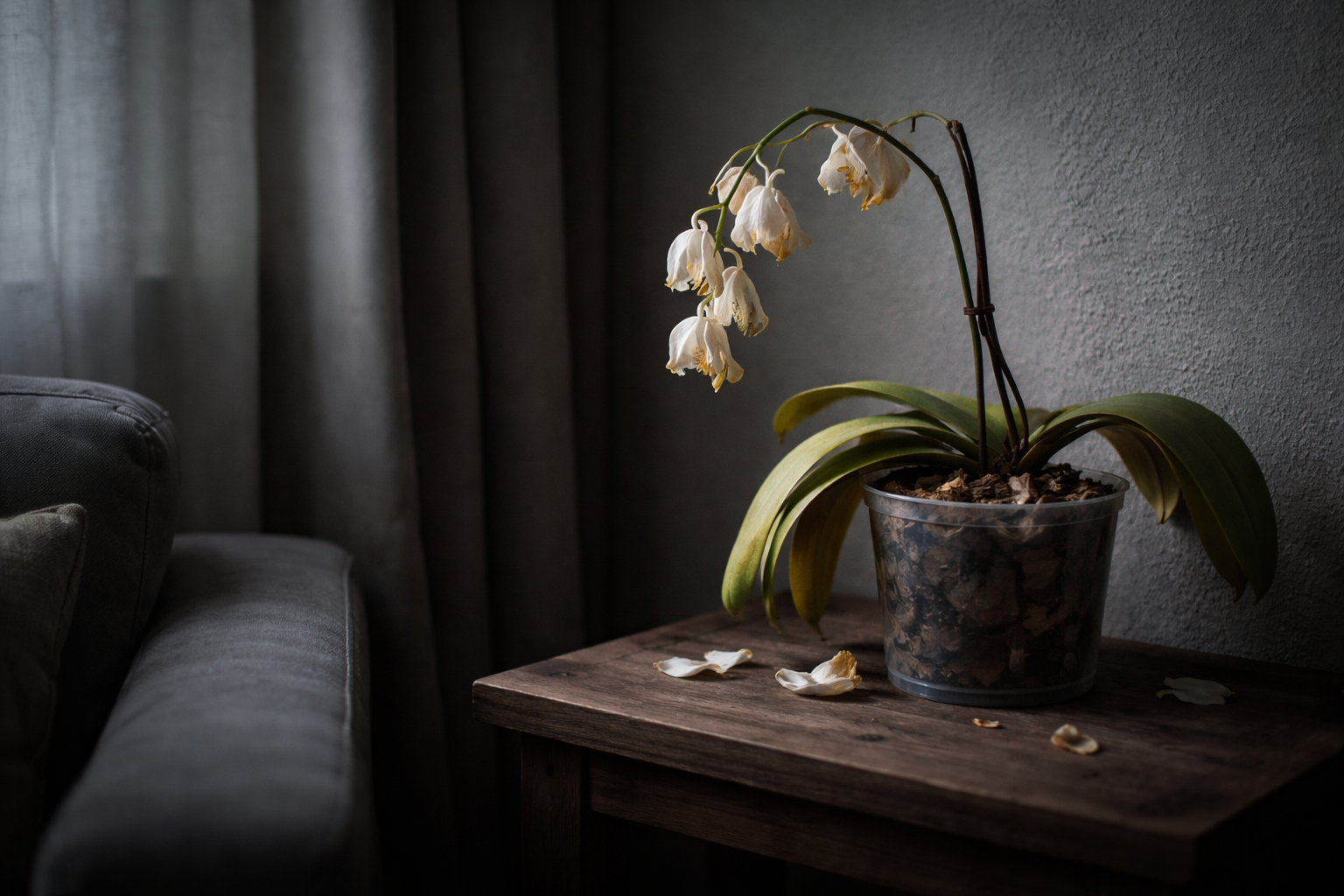 uma orquídea triste e murchando em cantinho escuro da sala por falta de sol